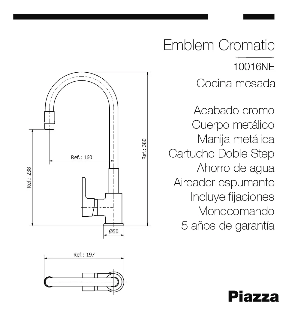 Grifería Cocina Mesada Monocomando Piazza 10016NE – Canilla Emblem con Flexible - Image 4